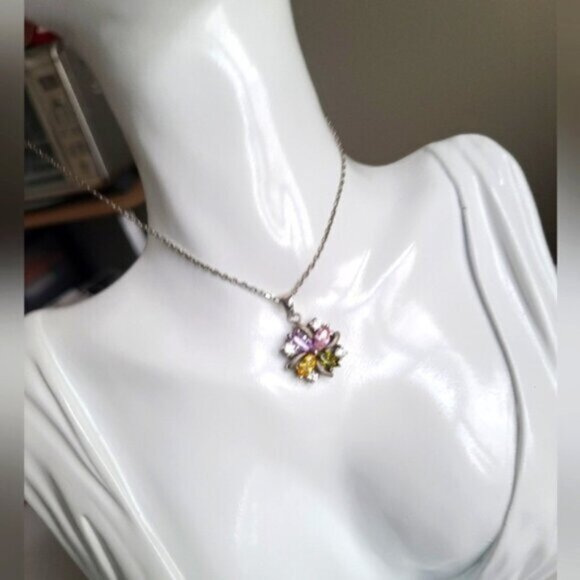 Vintage Boho Sterling Silver Multi Coloured Crystal Stone Flower Necklace - Picture 3 of 15